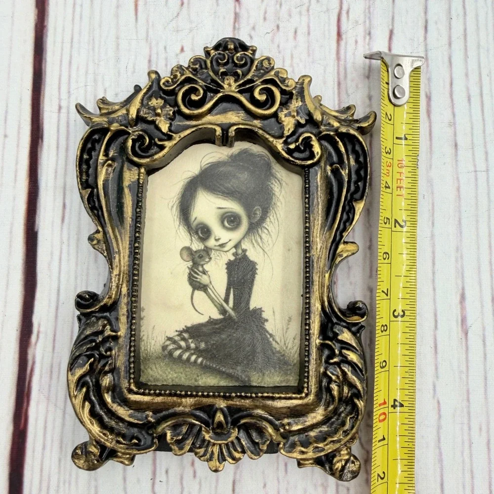 Gothic Big Eyed Girl with Mouse Decoupage Art Ornate Gold Resin Frame